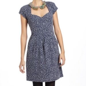 Anthropologie Blue/Gray Leaf-Print Cap-Sleeve Dress